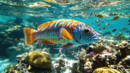 Vibrant underwater scene featuring a colorful fish swimming over a coral reef teeming with life
