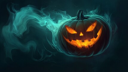 Glowing jack-o'-lantern with eerie blue smoke creating a spooky halloween backdrop