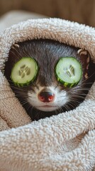 Playful ferret peeking out of a towel with cucumber slices on its eyes digital