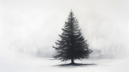 charcoal sketch of a lone tree against a misty background with detailed shading 