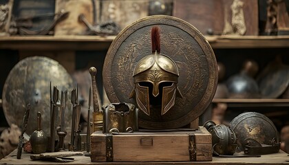 Ancient spartan helmet and shield displayed with other weapons