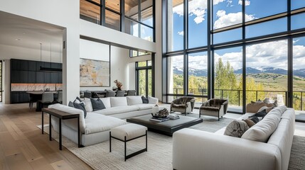 Fototapeta premium A modern living room with floor-to-ceiling windows in a high-end home digital