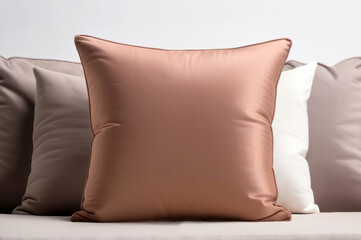 Beige fabric pillow on a cozy couch, mockup with space for text, minimalist home decor concept