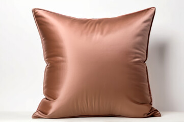 Beige fabric pillow on a cozy couch, mockup with space for text, minimalist home decor concept