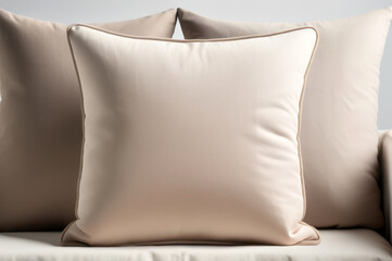Beige fabric pillow on a cozy couch, mockup with space for text, minimalist home decor concept