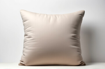 Beige fabric pillow on a cozy couch, mockup with space for text, minimalist home decor concept