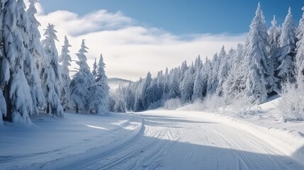 Fototapeta premium Serene Winter Landscape with Snow-Covered Trees and Clear Blue Sky in Alpine Region Ideal for Downhill Skiing and Outdoor Adventures