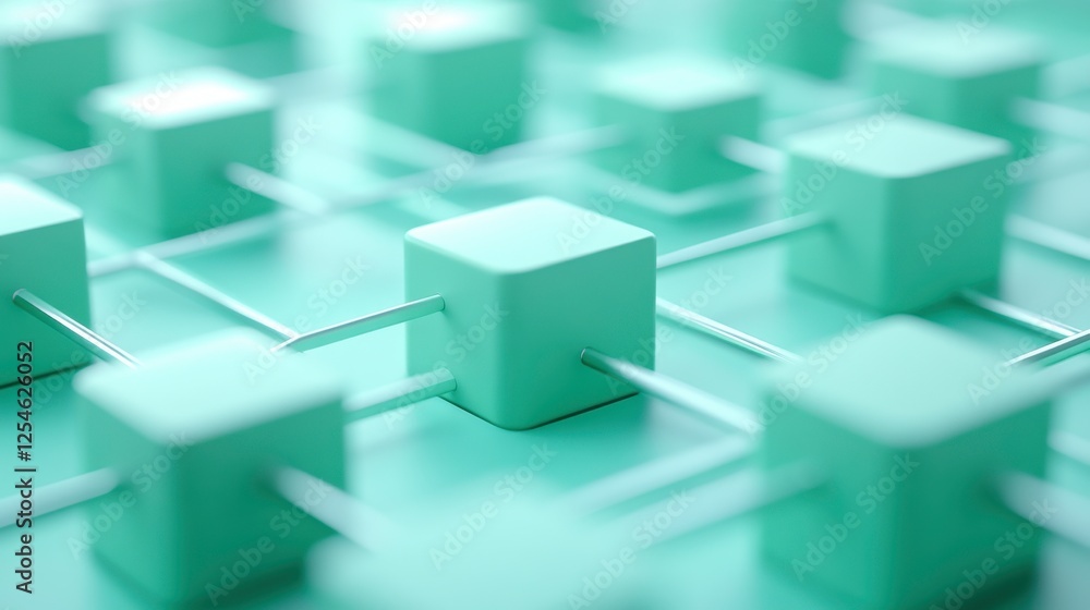 Poster a close-up view of a grid of mint-green cubes connected by thin lines, creating a modern, abstract t