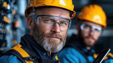 Fototapeta premium Senior Experienced Electrician Demonstrating and Explaining Electrical Circuit Wiring and Components to His Coworker Team on an Industrial Construction Site