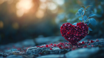 A heart formed from small red shapes symbolizing love and affection in a modern, bright, artistic display with blurred background, creating an empty space for a caption