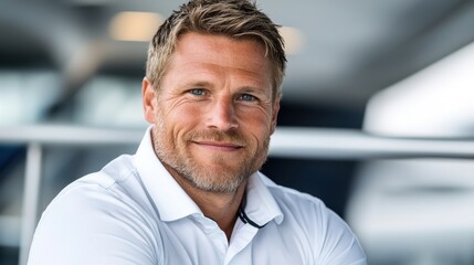 Smiling professional businessman in casual attire with confident expression portrait of a successful male executive or entrepreneur in a corporate business setting