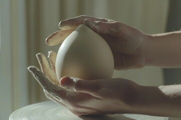 Fototapeta premium A potter's hands gently shape a smooth, egg-like form of white clay.