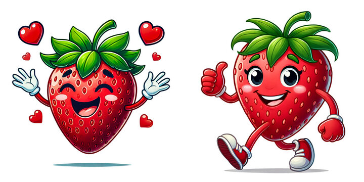 Cheerful animated red strawberry with a smile on her face. Clipart illustration isolated on a white background