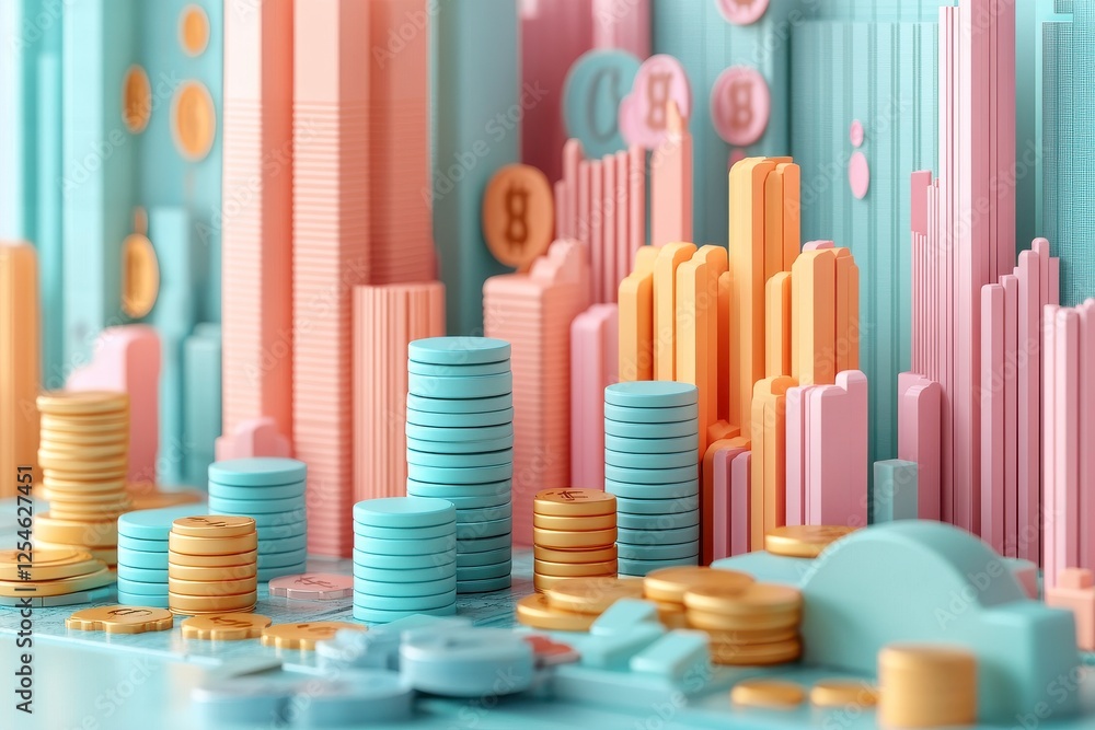 Poster a colorful 3d representation of a cityscape with stacked coins and buildings, emphasizing finance an