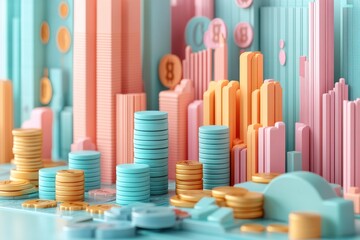 A colorful 3D representation of a cityscape with stacked coins and buildings, emphasizing finance and urban growth.