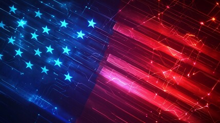 An abstract American flag with glowing neon stripes and pixelated stars, symbolizing AI technology digital