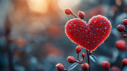 A heart formed from small red shapes symbolizing love and affection in a modern, bright, artistic display with blurred background, creating an empty space for a caption