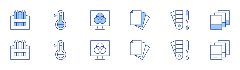 Color icon set in two styles, Duotone and Thin Line style. Editable stroke. paper, colored pencils, color sample, colour, rgb print, pantone