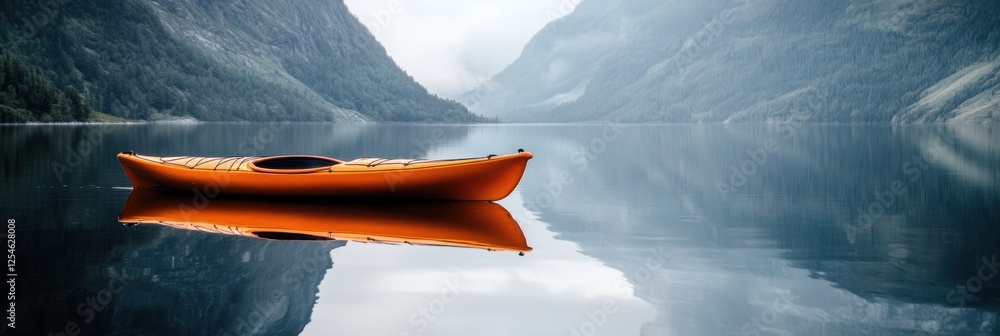 Aufkleber lone orange kayak floating on calm mountain lake during overcast day with reflections of hills in wa