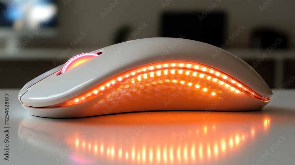 Poster white ergonomic computer mouse with rgb lighting on a table.