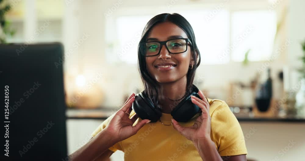 Poster Face, developer and computer with woman at home for freelance coder, gaming programmer and research. Gameplay database, character design and remote software engineer with person and headphones