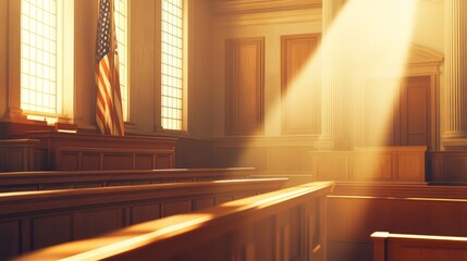 Sunlight streaming through a courtroom with wooden benches and an American flag.