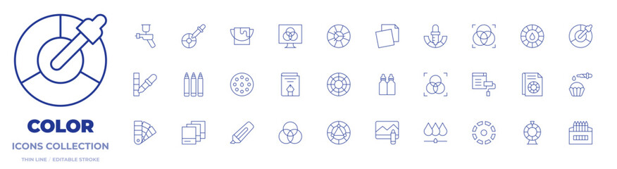 Color icons collection. Thin Line icons, editable stroke. color wheel, colorant, pipette, car painting, color picker, design, eyedropper, marker, paint bucket, pantone, rgb print, paper, rgb © Blockfine