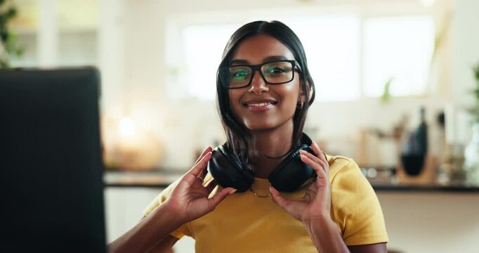 Face, developer and computer with woman at home for freelance coder, gaming programmer and research. Gameplay database, character design and remote software engineer with person and headphones