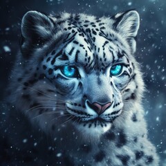 Stunning snow leopard with mesmerizing blue eyes looks intently into the snowy wilderness during a winter evening. Generative AI