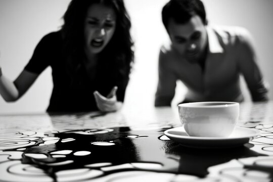 A spilled coffee symbolizes the couple's relationship, fraught with tension and anger.