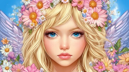 Naklejka premium Closeup portrait of a young person with light blonde hair, light blue eyes, and a flower crown. Soft lighting and pastel colors create a serene and
