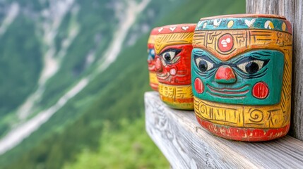 Fototapeta premium Colorful carved figurines placed on a weathered wooden ledge, overlooking a vibrant mountain landscape. Eye catching, vibrant colors and detailed
