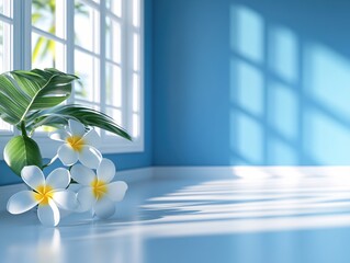 Tropical flowers and leaves in a bright room with window light and blue wall background