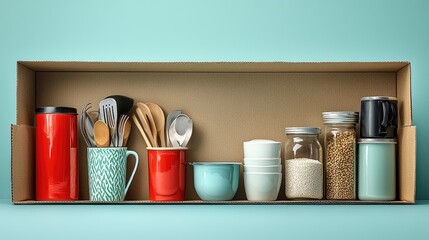 Colorful kitchen utensils and containers neatly arranged in a cardboard box against a teal background