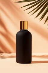 Black bottle with golden cap on warm background with palm leaf shadows for spa