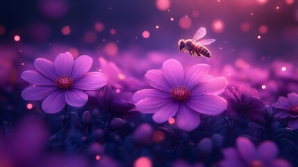 Bee, Flying on Flowers. closeup view