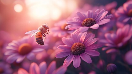 Bee, Flying on Flowers. closeup view