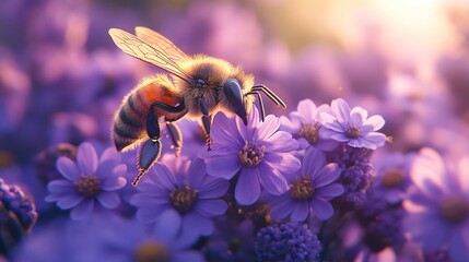 Bee, Flying on Flowers. closeup view