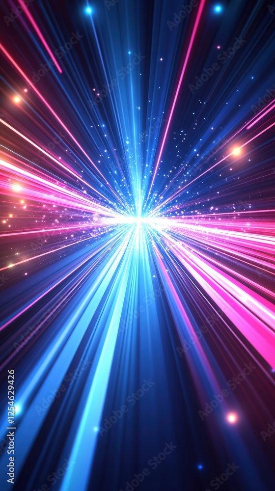 Poster abstract light burst with blue and pink rays radiating from a central point with sparkles