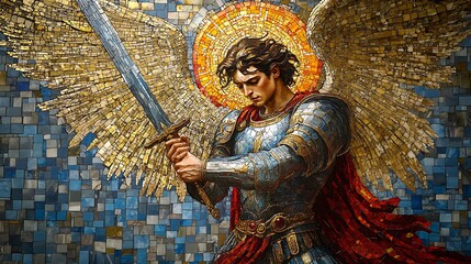 A heavenly Byzantine mosaic illustrating Saint Michael crushing Satan under his foot, intricate gold tesserae forming angelic patterns above,