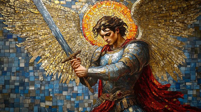 A heavenly Byzantine mosaic illustrating Saint Michael crushing Satan under his foot, intricate gold tesserae forming angelic patterns above,