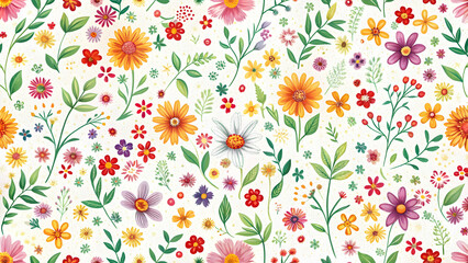 Floral Watercolor Delight: A whimsical and vibrant watercolor pattern featuring a delightful assortment of hand-painted flowers and foliage in various hues.