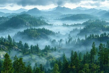 Misty Mountainous Forest Landscape