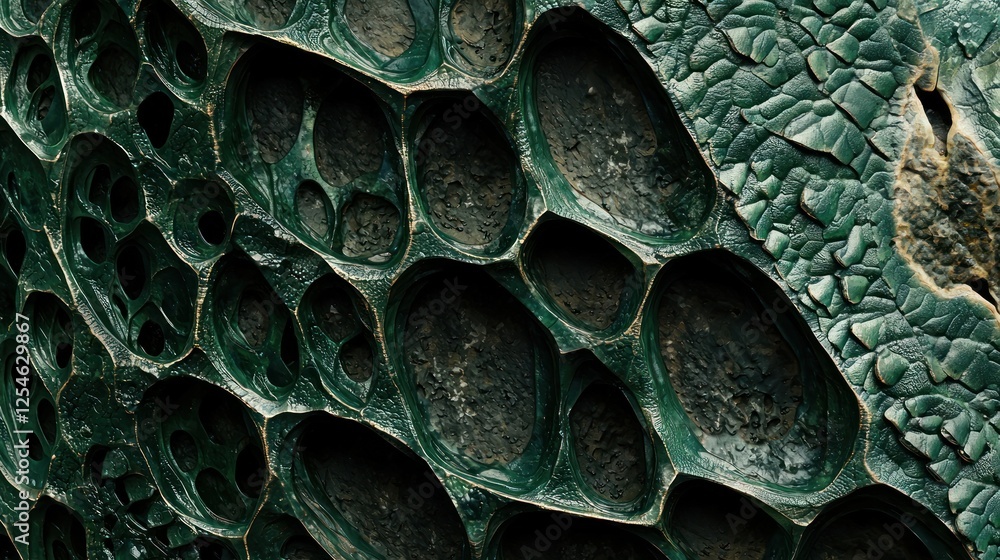 Poster abstract emerald green textured surface, close-up macro shot of intricate cellular pattern, deep gre