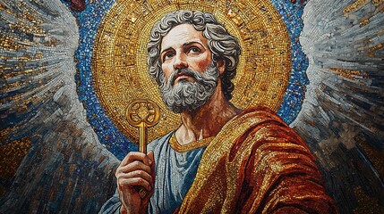 Naklejka premium A heavenly Byzantine mosaic illustrating Saint Peter, standing before the gates of heaven, keys glowing in his hands, intricate gold tesserae forming angelic patterns above,
