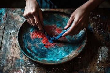 Obraz premium Close-up of hands mixing vibrant blue and red paint on a rustic palette, creating an abstract artwork.