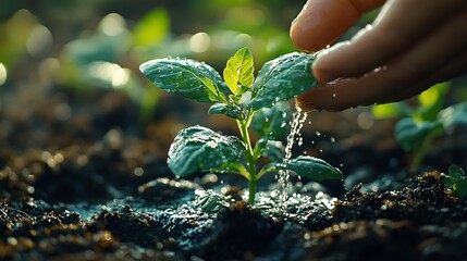 Farmer's hand watering a young plant