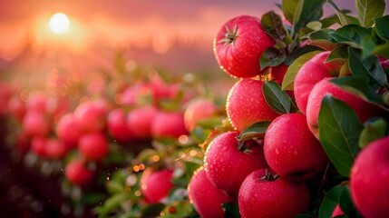 Sunset over a dewy apple orchard in a backyard garden, displaying vibrant natures colors