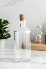 Clear bottle with cork, on marble kitchen counter, plants, for olive oil, vinegar