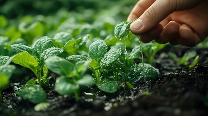 Farmer's hand watering a young plant